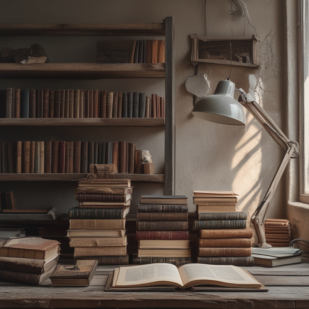 Stos starych oprawionych książek naukowych na drewnianym biurku w ciepłym świetle lampki biurowej z widoczną teksturą okładek i grzbietów symbolizujących zgromadzoną wiedzę