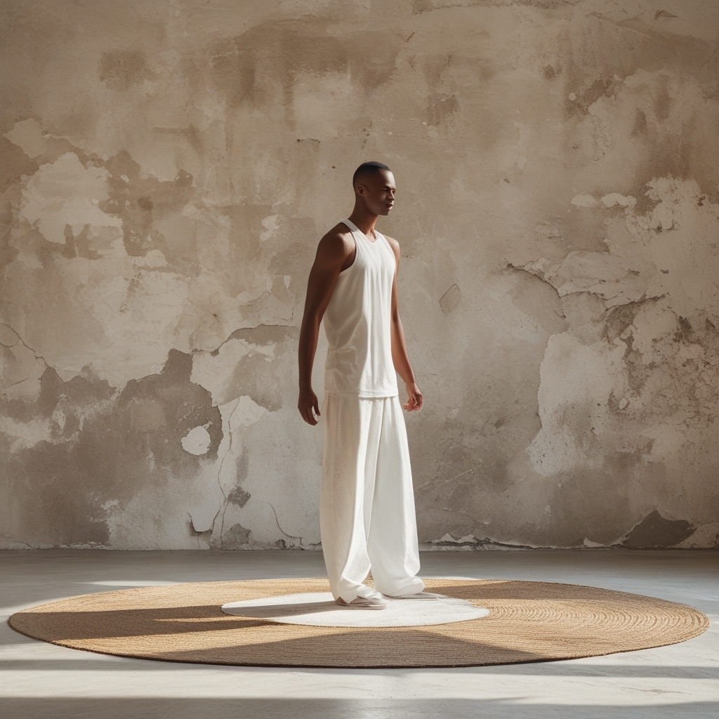 Osoba w spokojnej pozie przysiadu z własną masą ciała na macie do ćwiczeń w przestronnym neutralnym pomieszczeniu z betonową ścianą i naturalnym oświetleniem