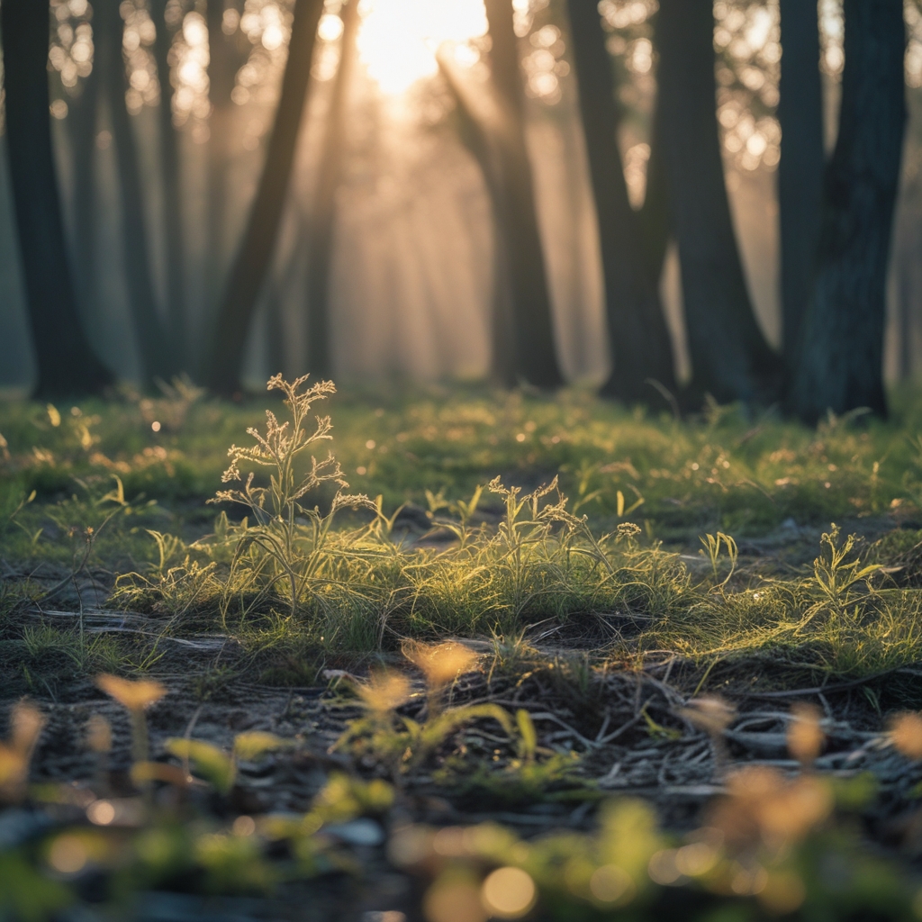 Spokojna ścieżka przez las bukowy o świcie z miękkimi promieniami światła przenikającymi przez gałęzie drzew symbolizująca harmonię ruchu i naturalną równowagę